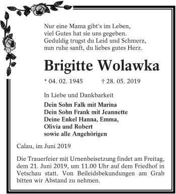 Traueranzeige von Brigitte Wolawka von lausitzer_rundschau