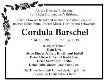 Traueranzeige von Cordula Barschel von lausitzer_rundschau