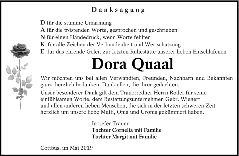  Traueranzeige für Dora Quaal vom 08.06.2019 aus lausitzer_rundschau