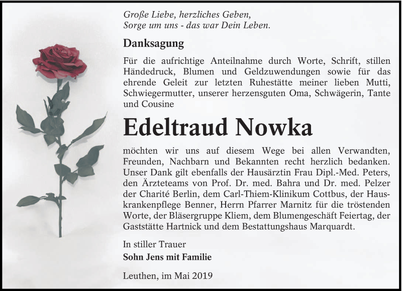  Traueranzeige für Edeltraud Nowka vom 08.06.2019 aus lausitzer_rundschau