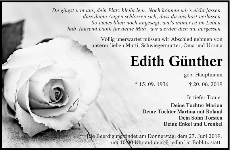  Traueranzeige für Edith Günther vom 24.06.2019 aus lausitzer_rundschau