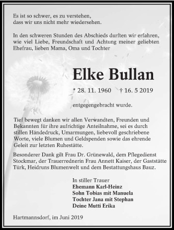 Traueranzeige von Elke Bullan von lausitzer_rundschau