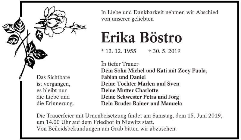  Traueranzeige für Erika Böstro vom 08.06.2019 aus lausitzer_rundschau