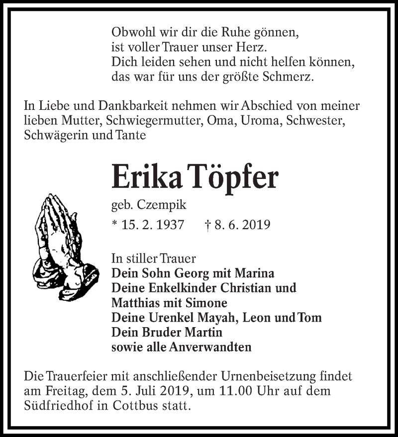  Traueranzeige für Erika Töpfer vom 29.06.2019 aus lausitzer_rundschau