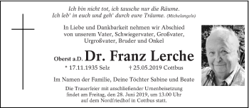 Traueranzeige von Franz Lerche von lausitzer_rundschau