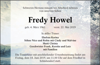 Traueranzeige von Fredy Howel von lausitzer_rundschau