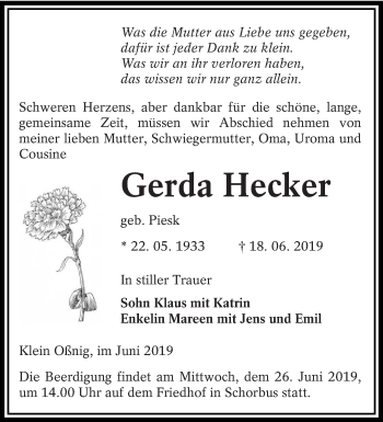 Traueranzeige von Gerda Hecker von lausitzer_rundschau