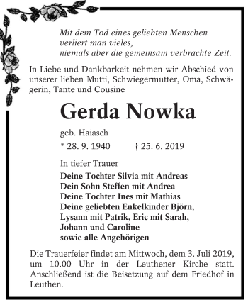 Traueranzeige von Gerda Nowka von lausitzer_rundschau