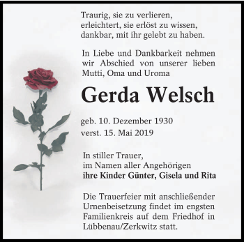 Traueranzeige von Gerda Welsch von lausitzer_rundschau