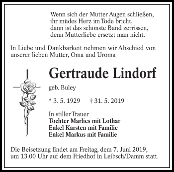 Traueranzeige von Gertraude Lindorf von lausitzer_rundschau