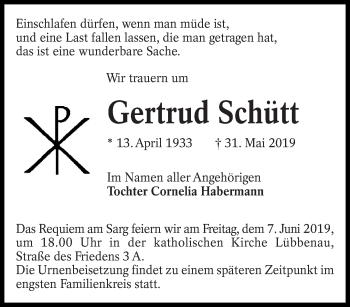 Traueranzeige von Gertrud Schütt von lausitzer_rundschau