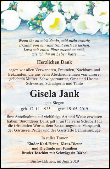 Traueranzeige von Gisela Jank von lausitzer_rundschau