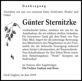 Traueranzeige von Günter Sternitzke von lausitzer_rundschau