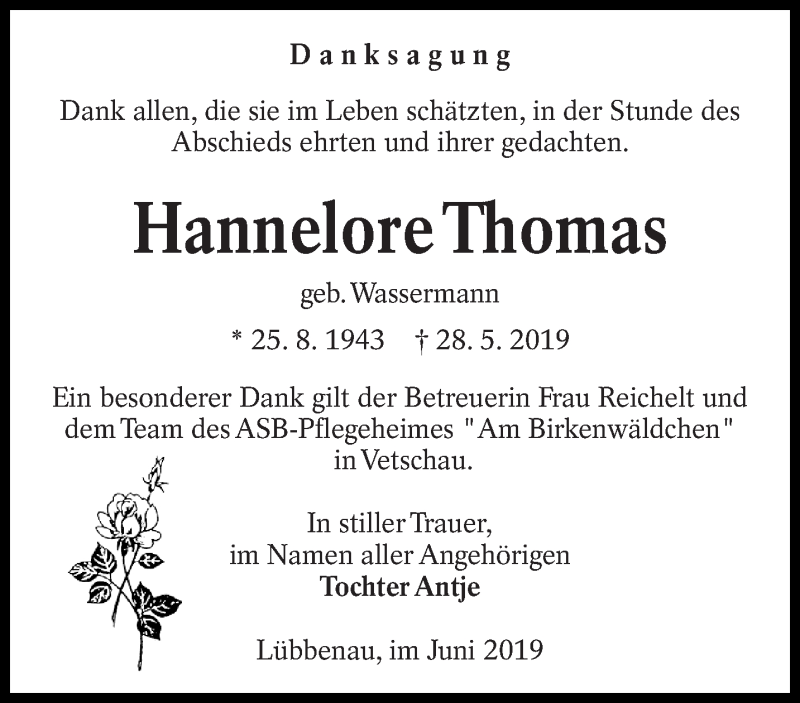  Traueranzeige für Hannelore Thomas vom 29.06.2019 aus lausitzer_rundschau