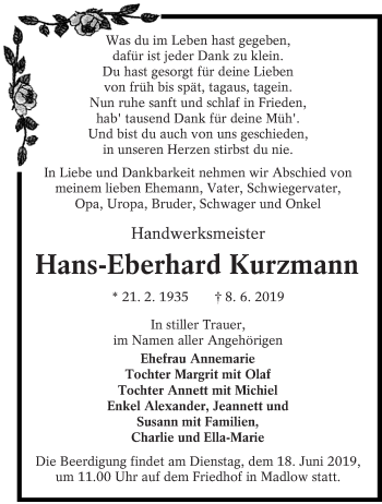 Traueranzeige von Hans-Eberhard Kurzmann von lausitzer_rundschau