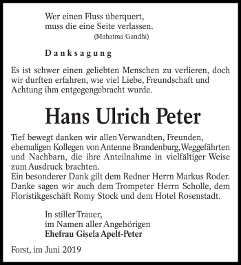 Traueranzeige von Hans Ulrich Peter von lausitzer_rundschau