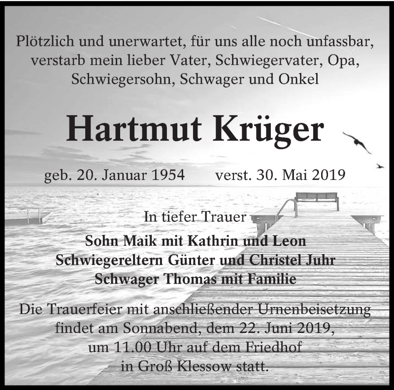  Traueranzeige für Hartmut Krüger vom 15.06.2019 aus lausitzer_rundschau