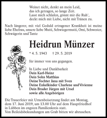 Traueranzeige von Heidrun Münzer von lausitzer_rundschau
