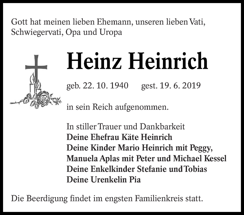  Traueranzeige für Heinz Heinrich vom 29.06.2019 aus lausitzer_rundschau