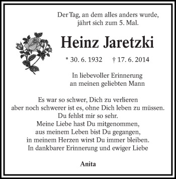 Traueranzeige von Heinz Jaretzki von lausitzer_rundschau