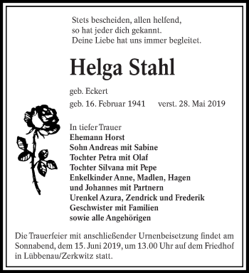 Traueranzeige von Helga Stahl von lausitzer_rundschau