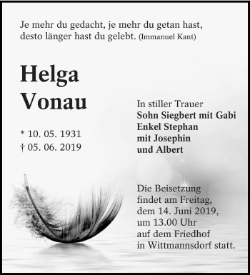 Traueranzeige von Helga Vonau von lausitzer_rundschau