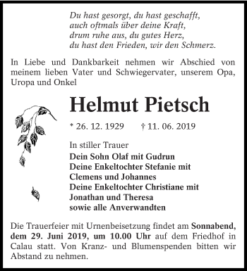 Traueranzeige von Helmut Pietsch von lausitzer_rundschau