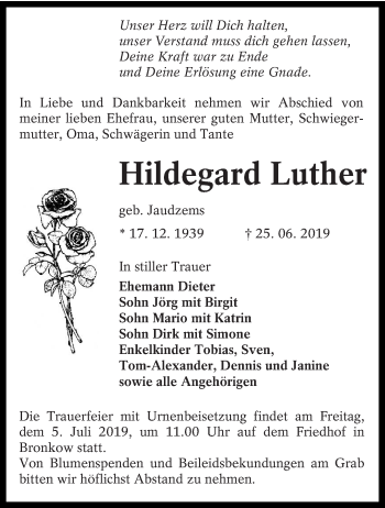 Traueranzeige von Hildegard Luther von lausitzer_rundschau