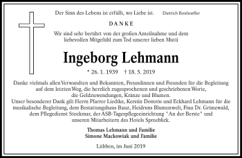 Traueranzeige von Ingeborg Lehmann von lausitzer_rundschau