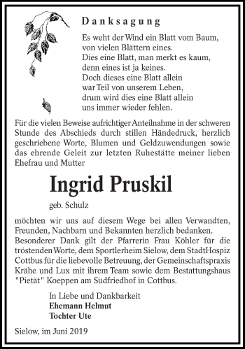 Traueranzeige von Ingrid Pruskil von lausitzer_rundschau