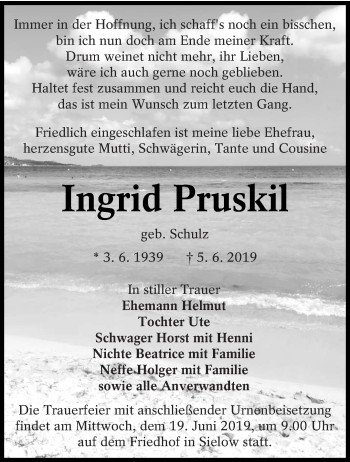 Traueranzeige von Ingrid Pruskil von lausitzer_rundschau