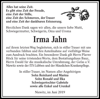 Traueranzeige von Irma Jahn von lausitzer_rundschau
