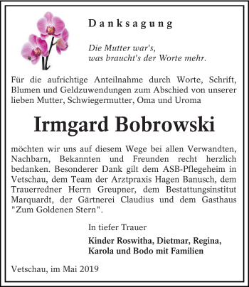 Traueranzeige von Irmgard Bobrowski von lausitzer_rundschau