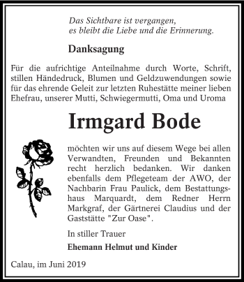 Traueranzeige von Irmgard Bode von lausitzer_rundschau