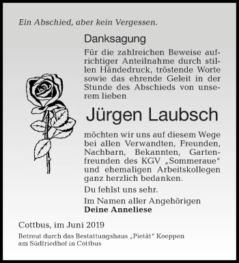Traueranzeige von Jürgen Laubsch von lausitzer_rundschau
