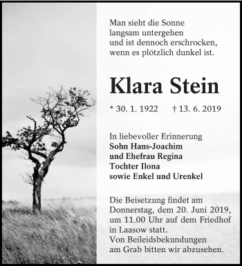 Traueranzeige von Klara Stein von lausitzer_rundschau