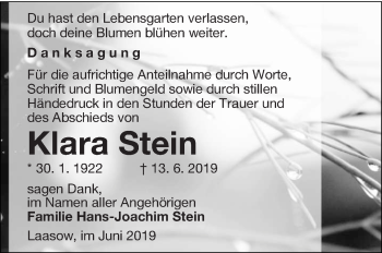 Traueranzeige von Klara Stein von lausitzer_rundschau