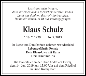 Traueranzeige von Klaus Schulz von lausitzer_rundschau