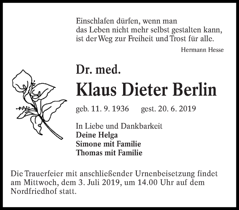  Traueranzeige für Klaus Dieter Berlin vom 29.06.2019 aus lausitzer_rundschau
