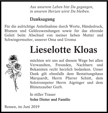 Traueranzeige von Lieselotte Kloas von lausitzer_rundschau