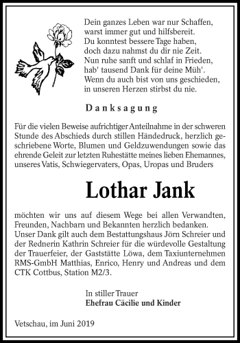 Traueranzeige von Lothar Jank von lausitzer_rundschau