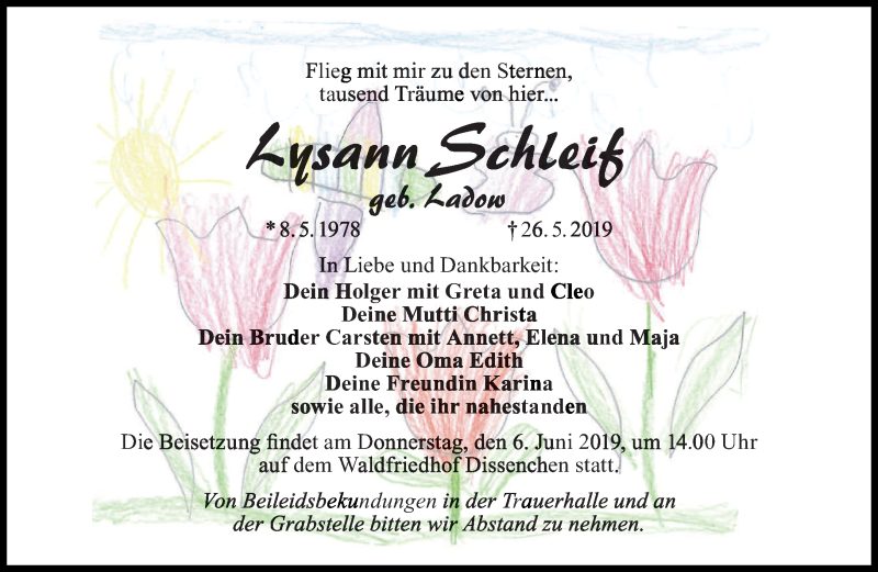  Traueranzeige für Lysann Schleif vom 01.06.2019 aus lausitzer_rundschau