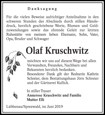 Traueranzeige von Olaf Kruschwitz von lausitzer_rundschau