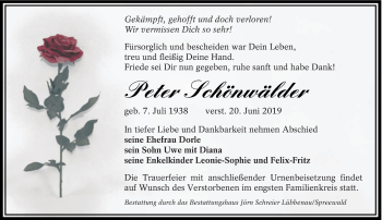 Traueranzeige von Peter Schönwälder von lausitzer_rundschau