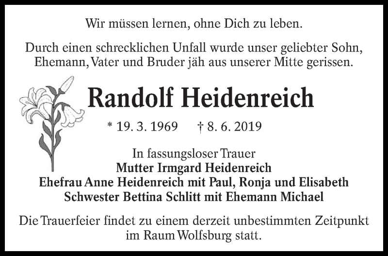  Traueranzeige für Randolf Heidenreich vom 15.06.2019 aus lausitzer_rundschau