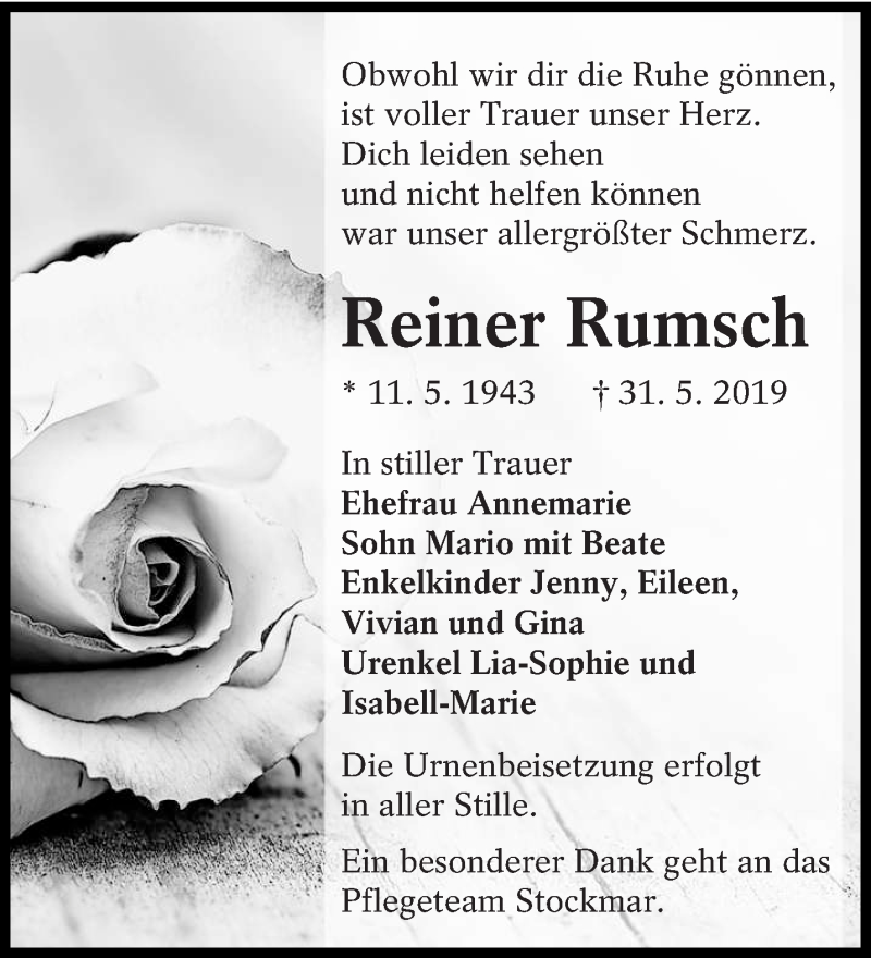  Traueranzeige für Reiner Rumsch vom 21.06.2019 aus lausitzer_rundschau