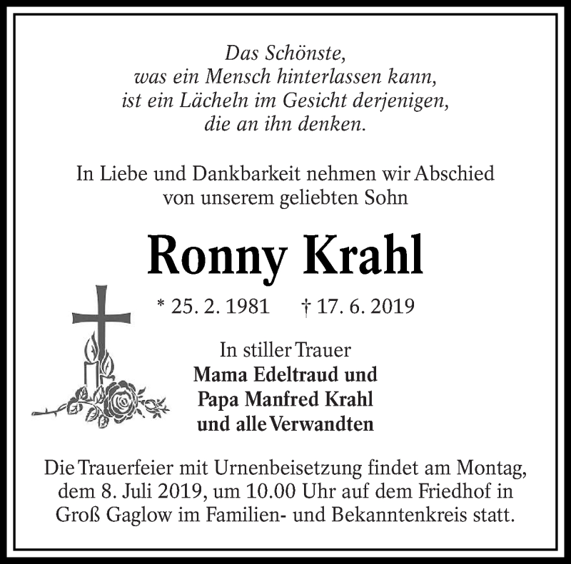  Traueranzeige für Ronny Krahl vom 29.06.2019 aus lausitzer_rundschau