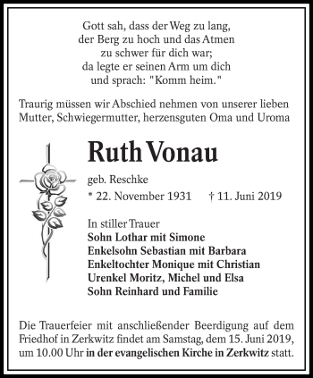Traueranzeige von Ruth Vonau von lausitzer_rundschau