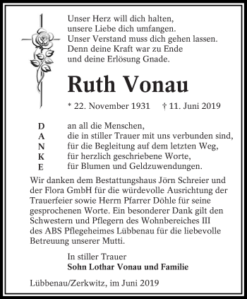 Traueranzeige von Ruth Vonau von lausitzer_rundschau