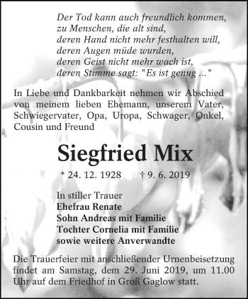 Traueranzeige von Siegfried Mix von lausitzer_rundschau